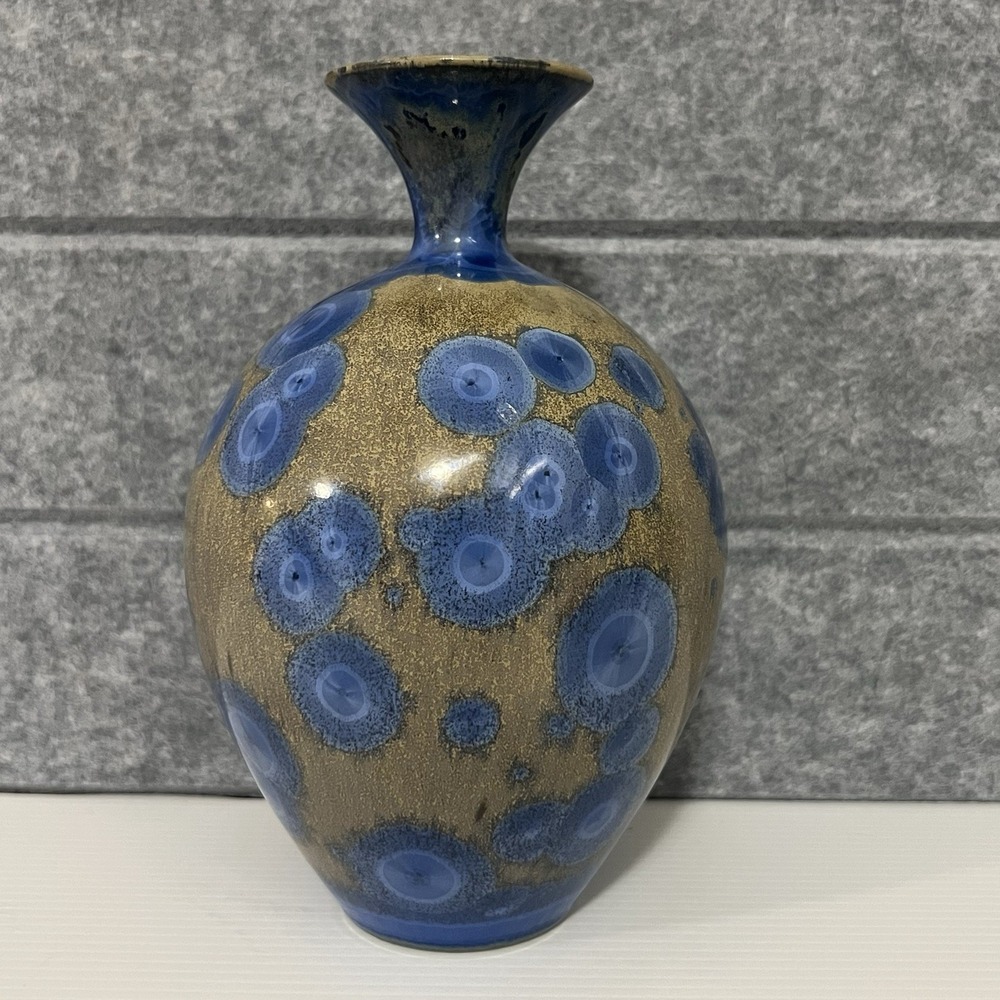 Studio Art Pottery Bud Vase Blue Tan Crytaline Glaze Ceramic Signed
